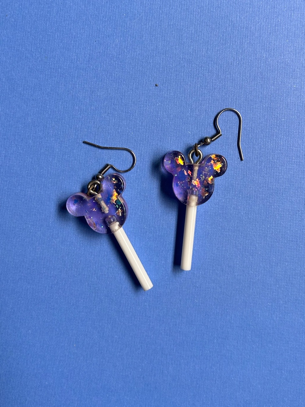 Purple Glitter Mickey Mouse Lollipop Dangle Earrings